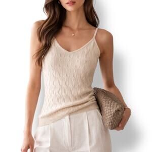 MINNIE ROSE Cashmere Knit Cami Tank Top Medium Beige Ivory Cable Knit Knitwear